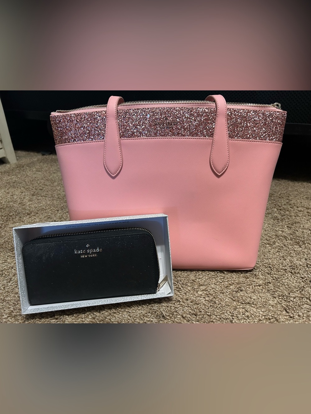kate spade Pink Glitter-Trim Tote with Black Wallet